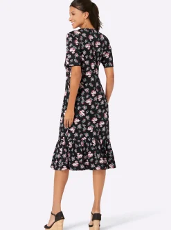 Kleider| Shirtkleid mit Volant am Saum schwarz-hortensie-gemustert