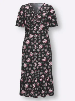 Kleider| Shirtkleid mit Volant am Saum schwarz-hortensie-gemustert