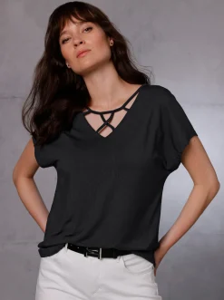 Shirts|CREATION L PREMIUM Shirttop mit Bändchenverzierung am Ausschnitt schwarz