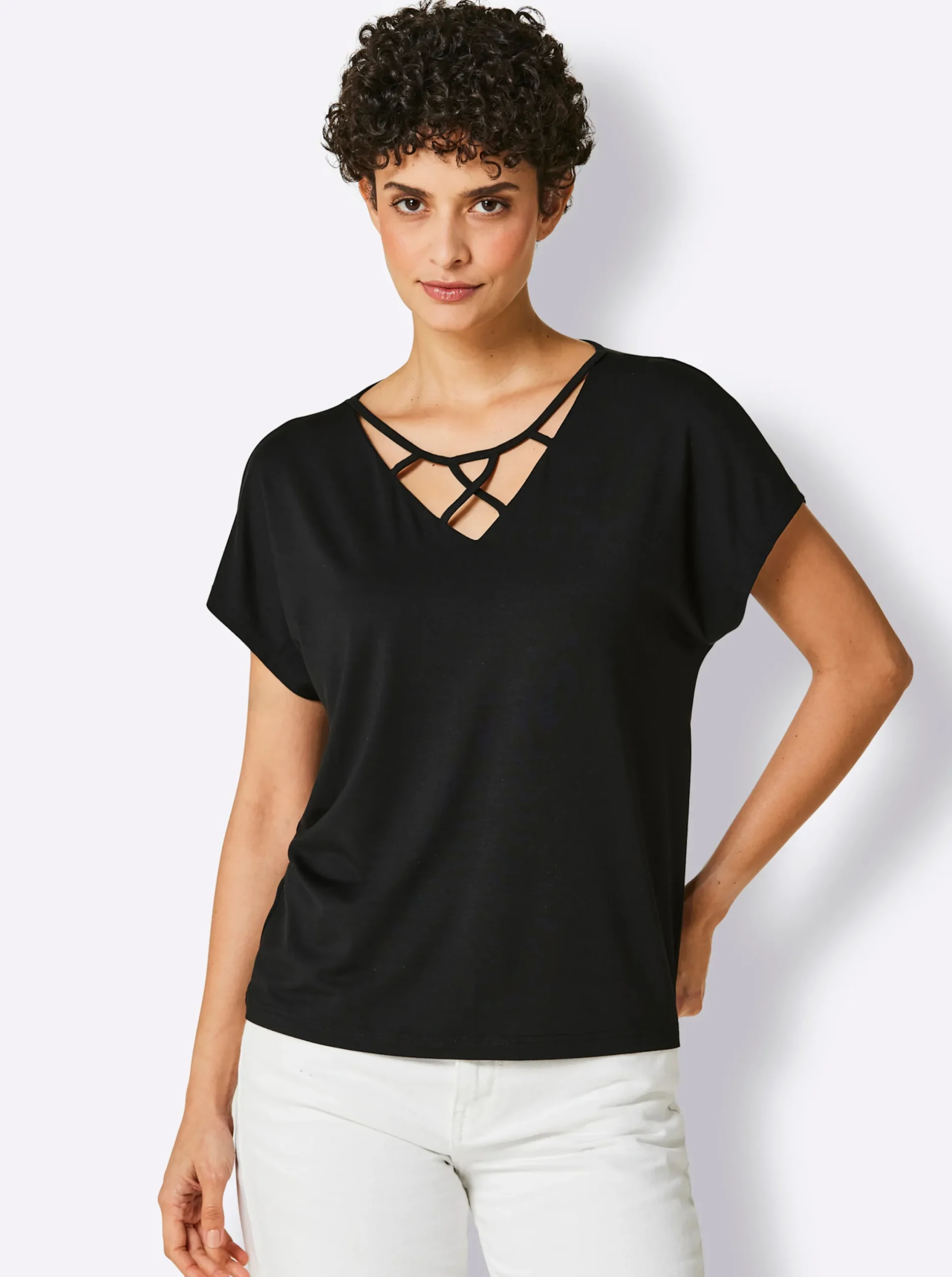 Shirts|CREATION L PREMIUM Shirttop mit Bändchenverzierung am Ausschnitt schwarz
