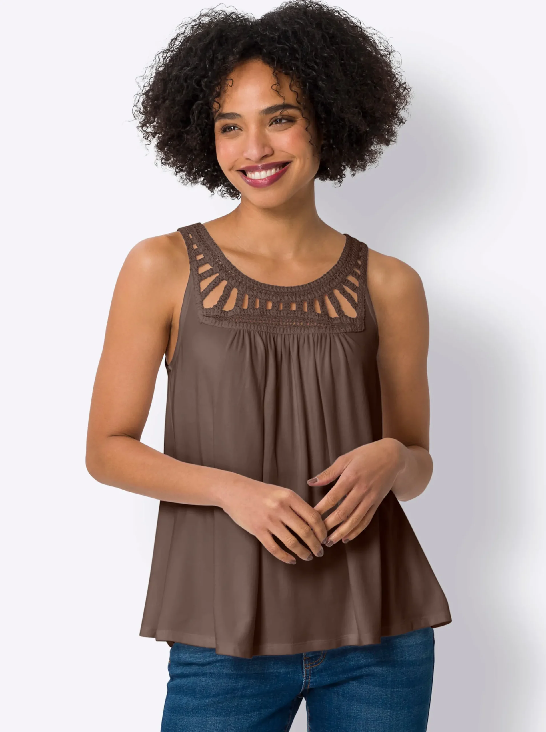 Shirts|heine Shirttop mit Häkeleinsatz schoko