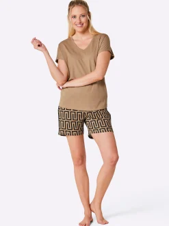 Nachtwäsche|wäschepur Shorty camel-schwarz-bedruckt