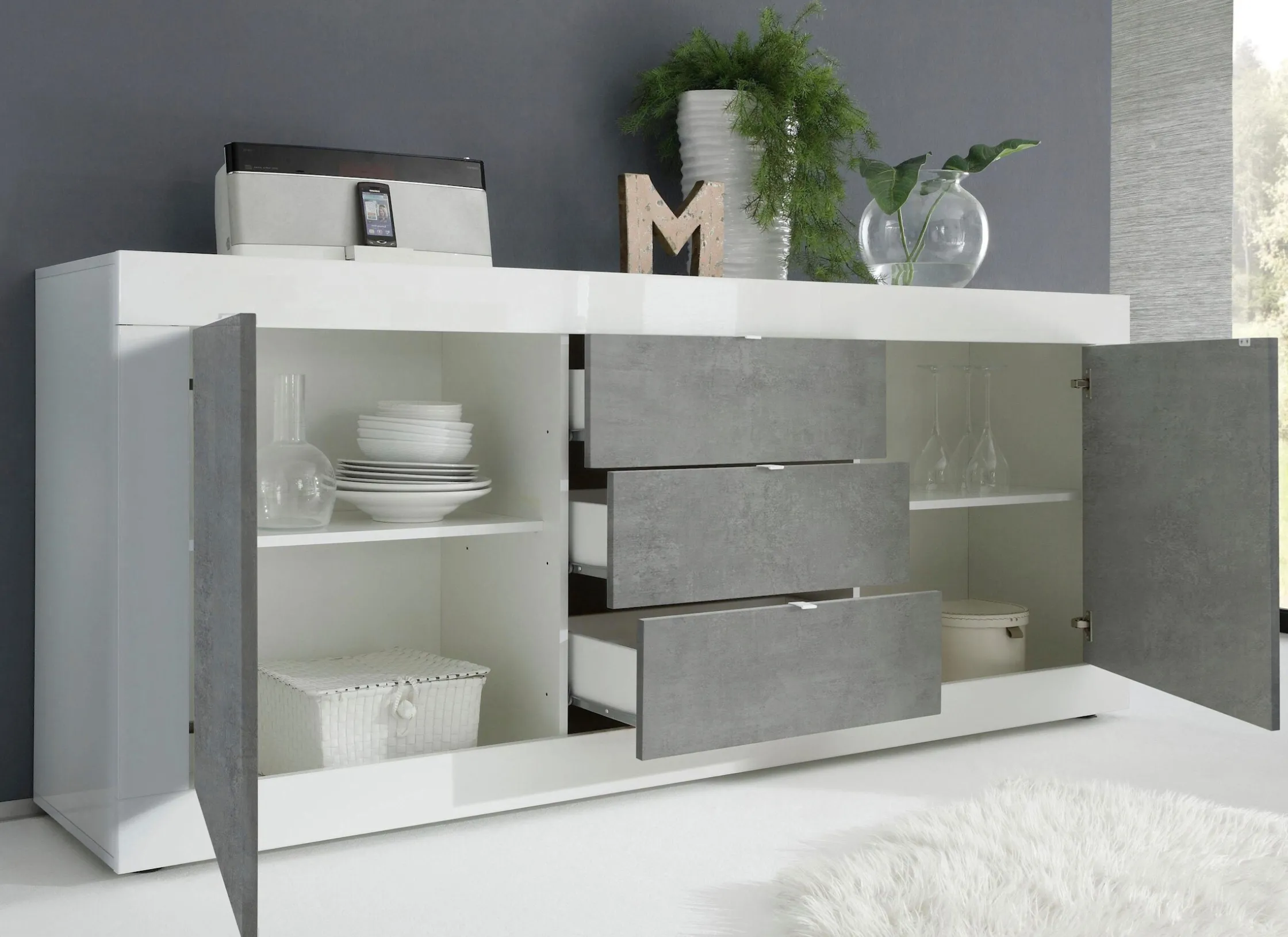 Side- & Highboards|INOSIGN Sideboard weißhochglanzlack/beton-optik