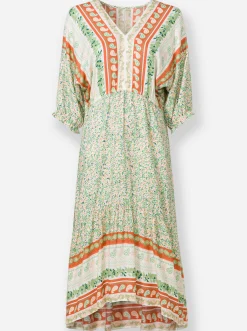 Strandkleider| Sommerkleid ecru-orange-gemustert