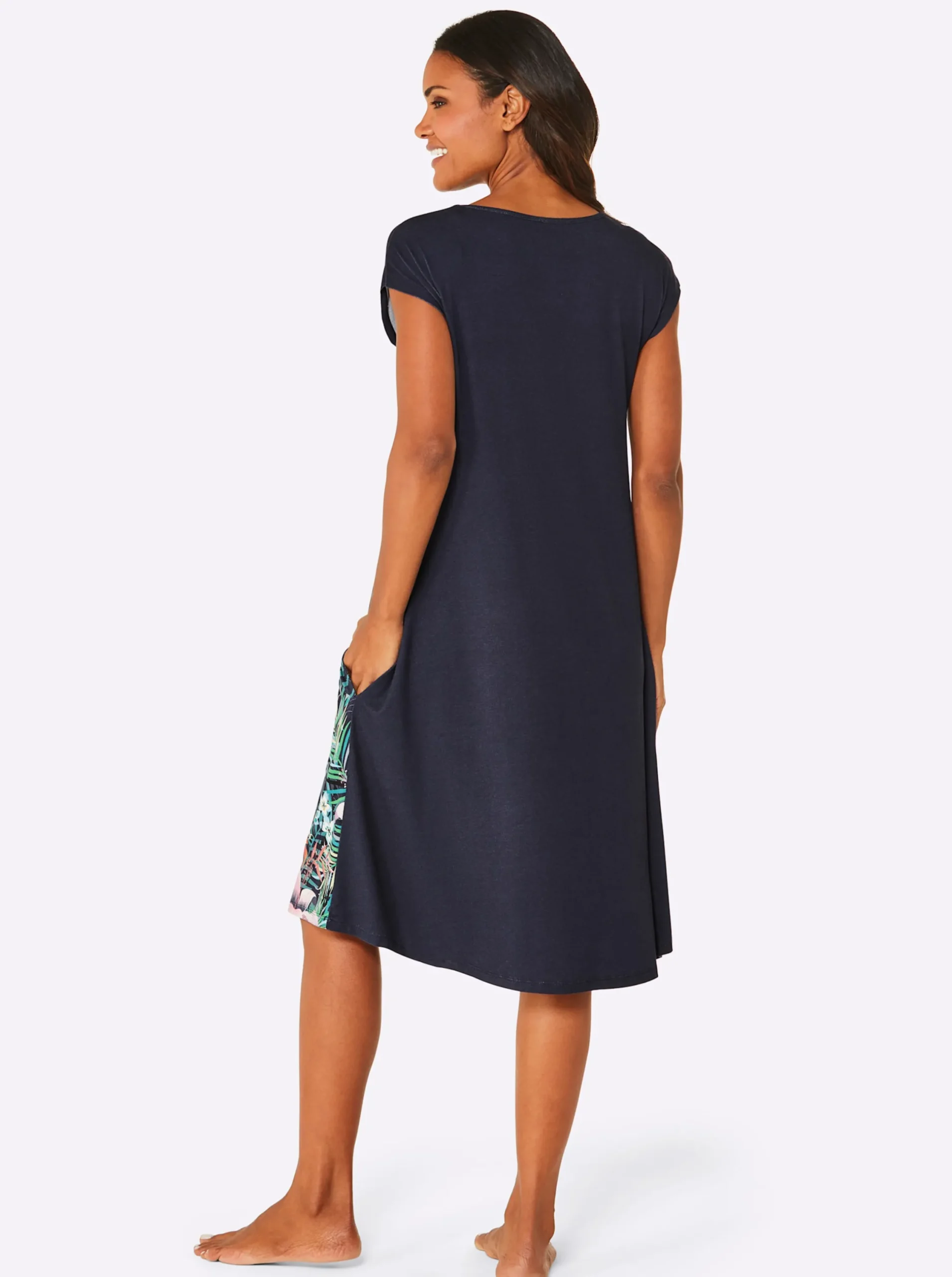 Strandkleider|Strandmode|feel good Sommerkleid marine-orange-bedruckt