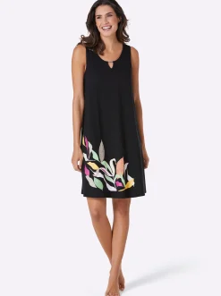 Strandkleider|feel good Sommerkleid mit Dekospange am Ausschnitt schwarz-fuchsia