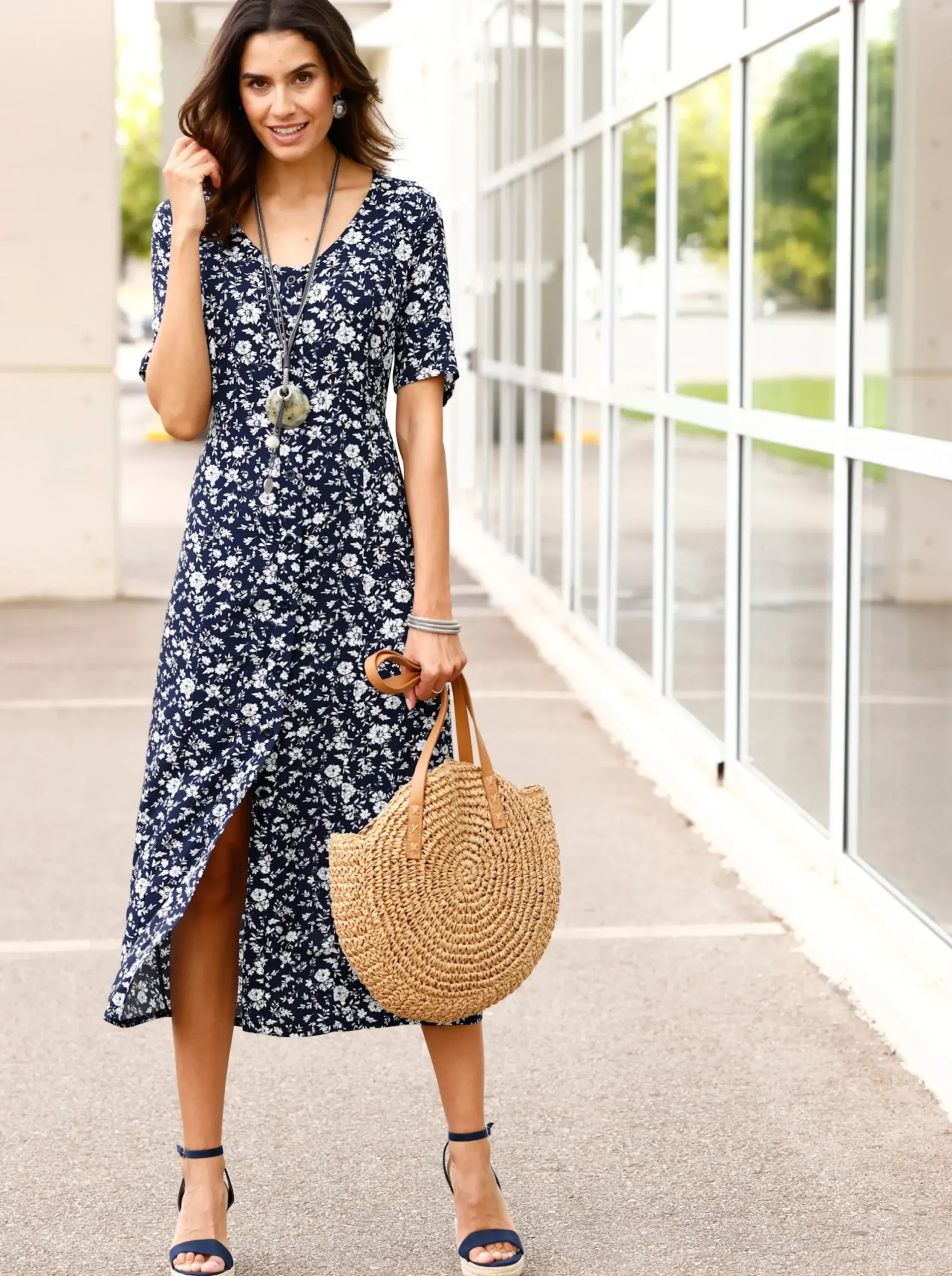 Kleider| Sommerkleid mit Knopfleiste marine-bedruckt