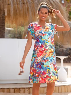 Strandkleider|feel good Sommerkleid mit Raff-Bändern an den Schultern fuchsia-türkis-bedruckt