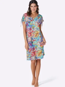 Strandkleider|feel good Sommerkleid mit Raff-Bändern an den Schultern fuchsia-türkis-bedruckt