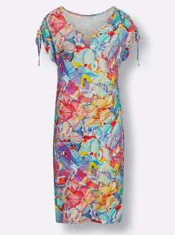 Strandkleider|feel good Sommerkleid mit Raff-Bändern an den Schultern fuchsia-türkis-bedruckt