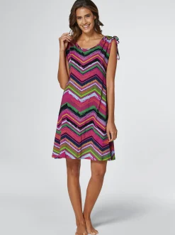 Strandkleider|feel good Sommerkleid mit Zugband an den Schultern magenta-gemustert