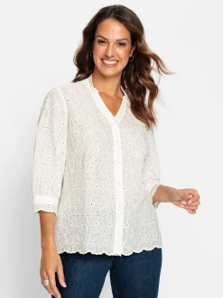 Blusen| Spitzenbluse mit Stehkragen ecru