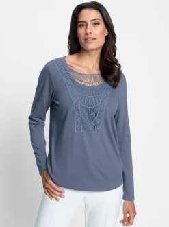 Shirts| Spitzenshirt abgerundeter Saum rauchblau