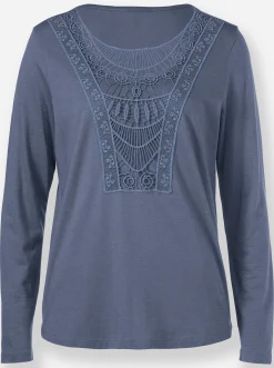 Shirts| Spitzenshirt abgerundeter Saum rauchblau