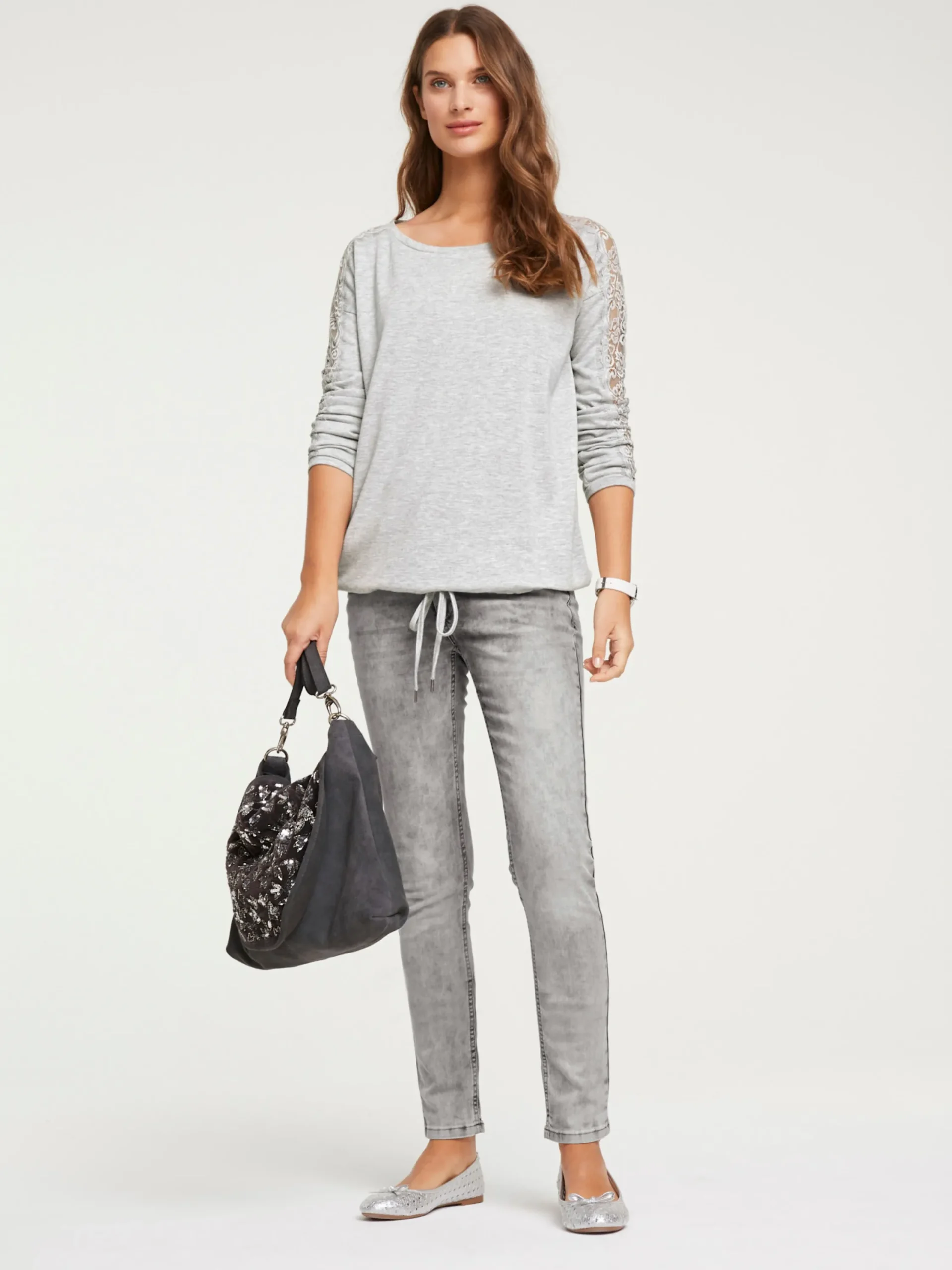 Shirts|heine Spitzenshirt mit Langarm grau-melange
