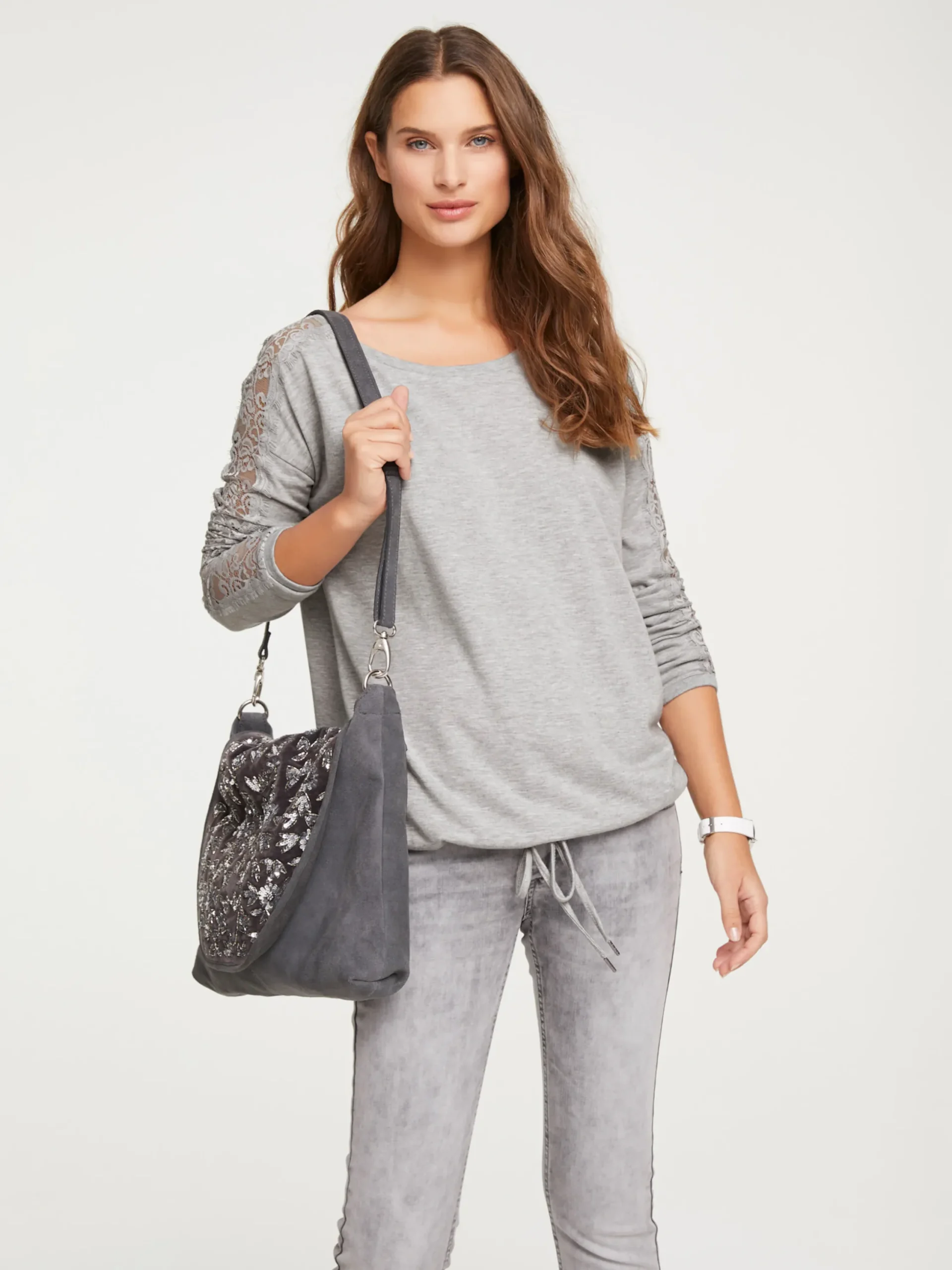 Shirts|heine Spitzenshirt mit Langarm grau-melange
