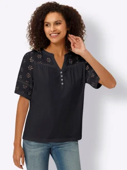 Blusen|Shirts|heine Spitzenshirt mit Puffärmeln schwarz