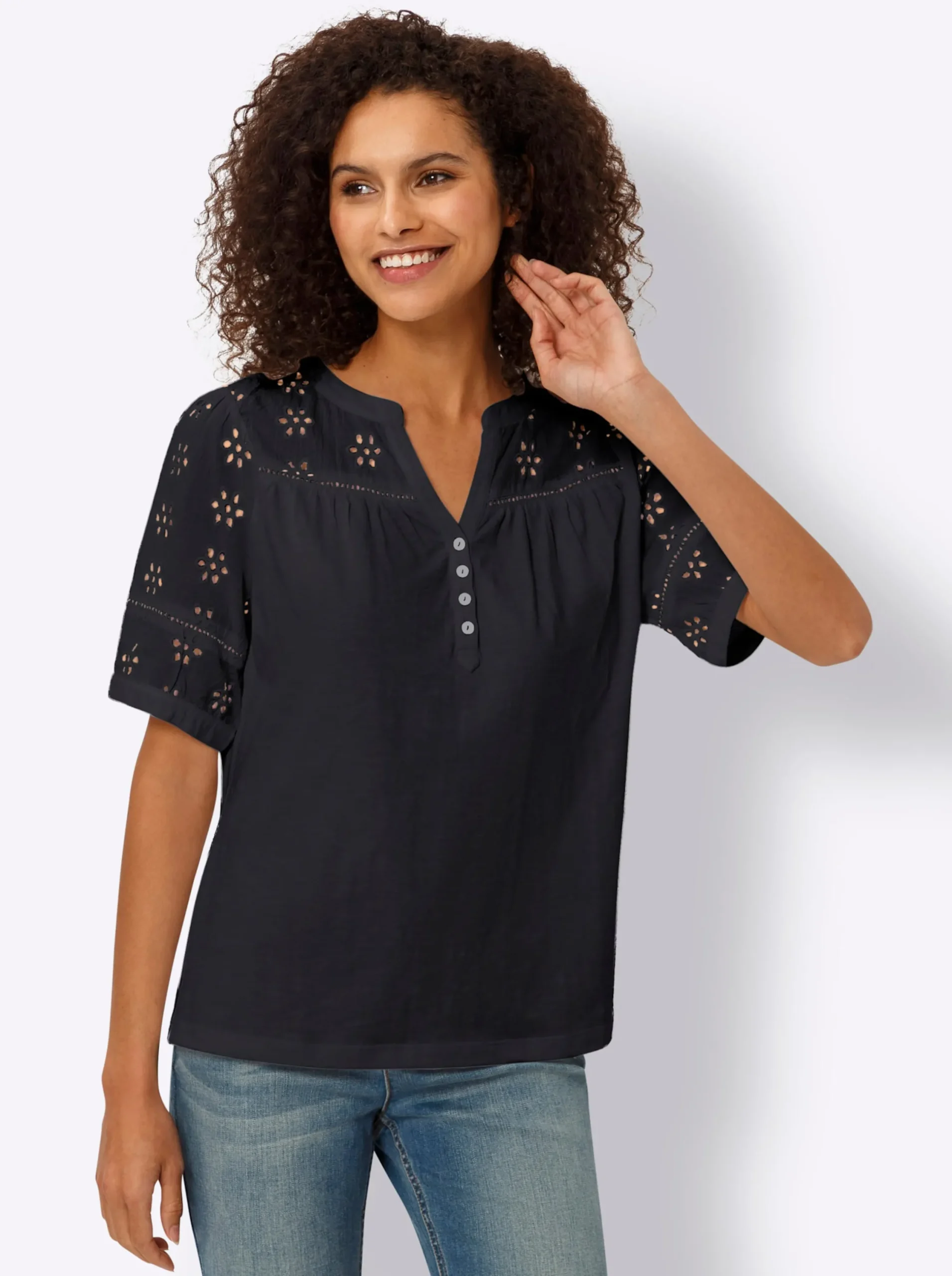 Blusen|Shirts|heine Spitzenshirt mit Puffärmeln schwarz