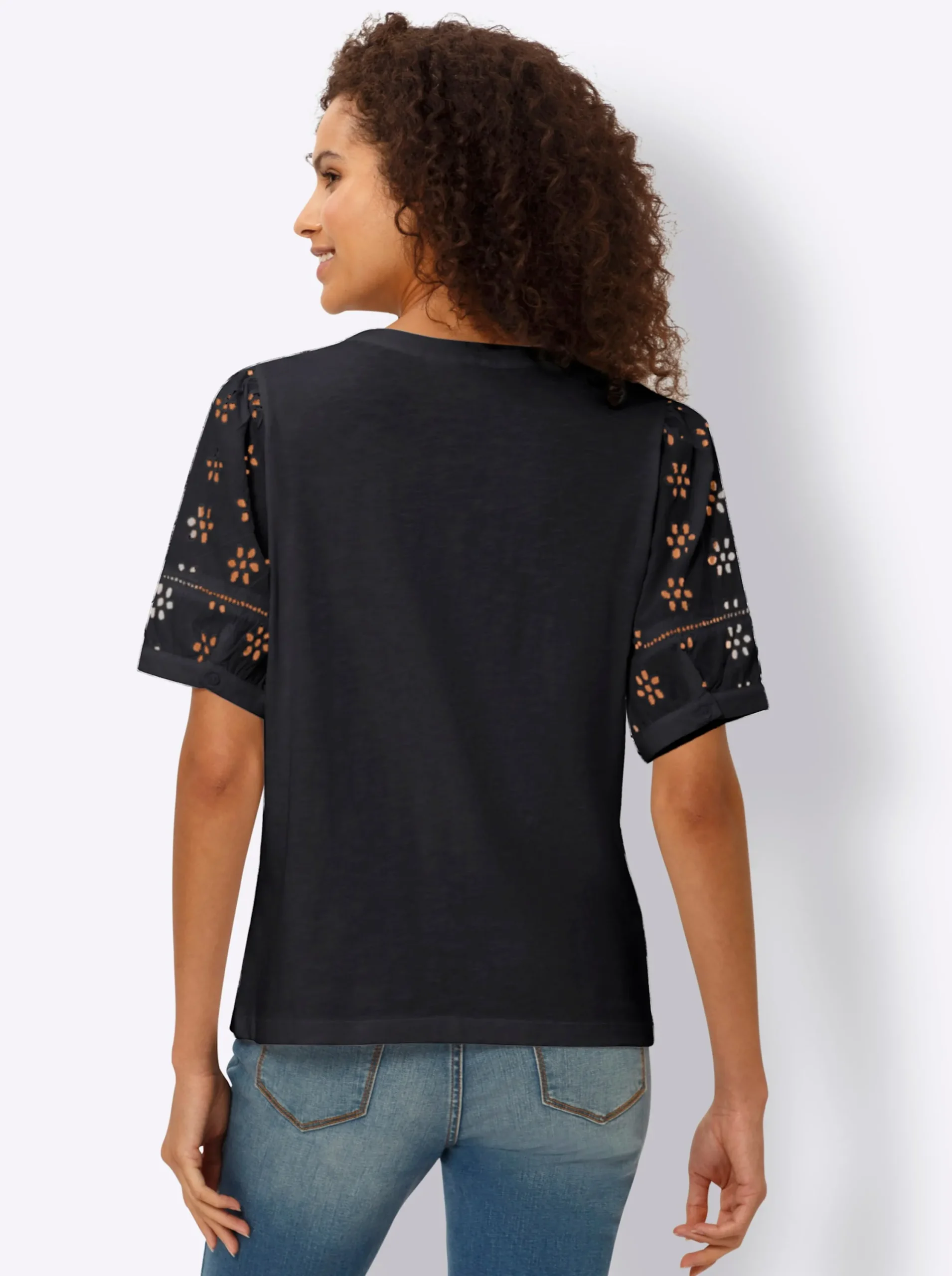 Blusen|Shirts|heine Spitzenshirt mit Puffärmeln schwarz