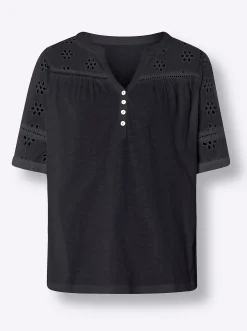 Blusen|Shirts|heine Spitzenshirt mit Puffärmeln schwarz