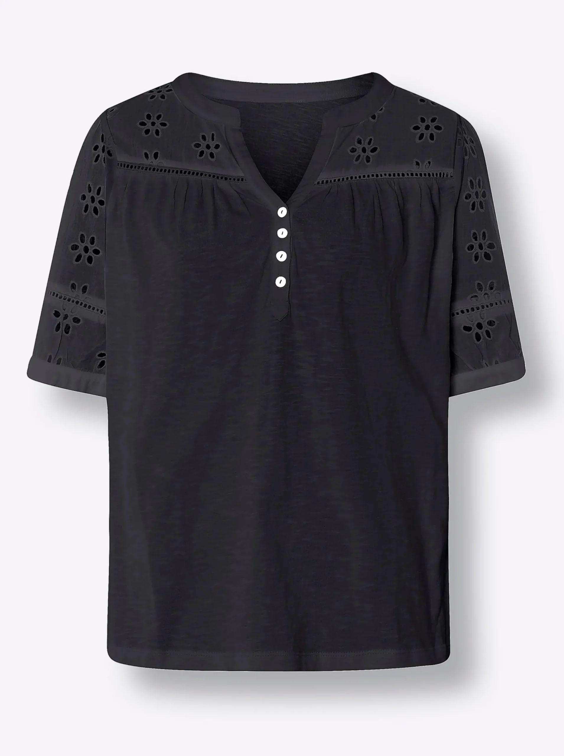 Blusen|Shirts|heine Spitzenshirt mit Puffärmeln schwarz