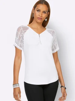 Shirts| Spitzenshirt mit transparenten Ärmeln weiß