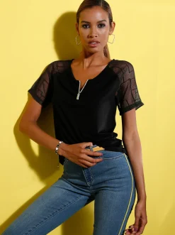 Shirts| Spitzenshirt mit transparenten Ärmeln schwarz