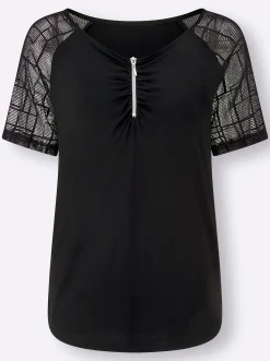 Shirts| Spitzenshirt mit transparenten Ärmeln schwarz