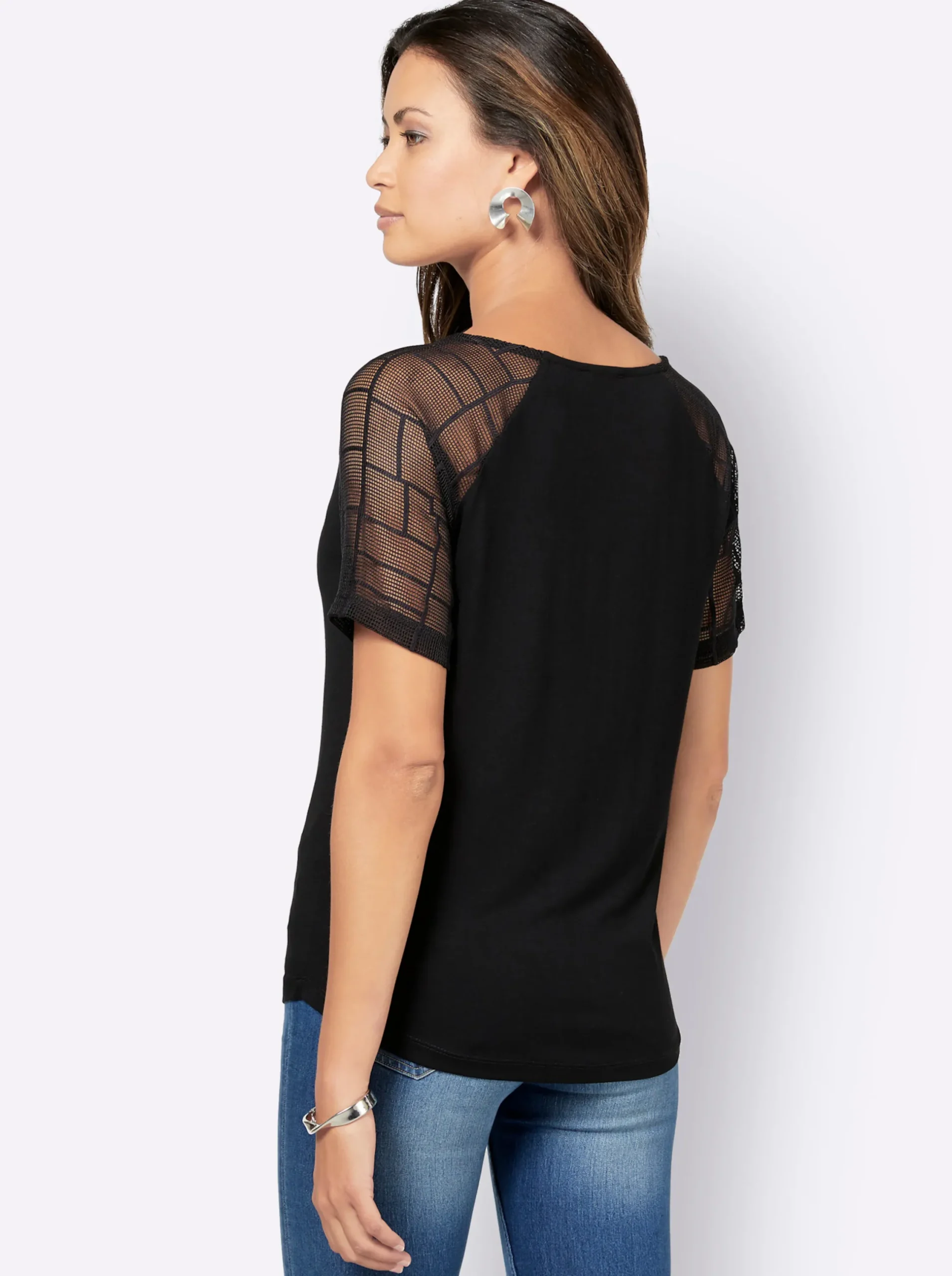 Shirts| Spitzenshirt mit transparenten Ärmeln schwarz
