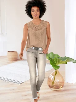 Blusen|Shirts|heine Spitzentop in Crinkle-Optik sesam