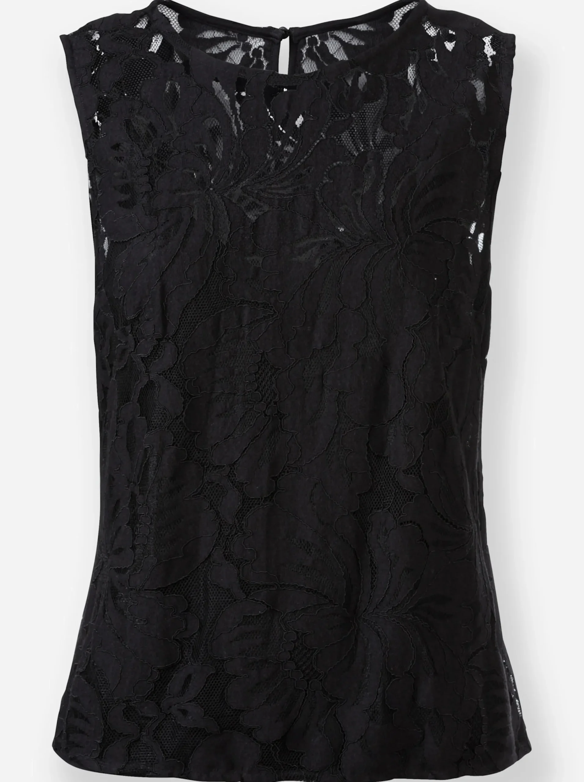 Shirts|Blusen|heine Spitzentop mit Schlingenknopfverschluss im Nacken schwarz