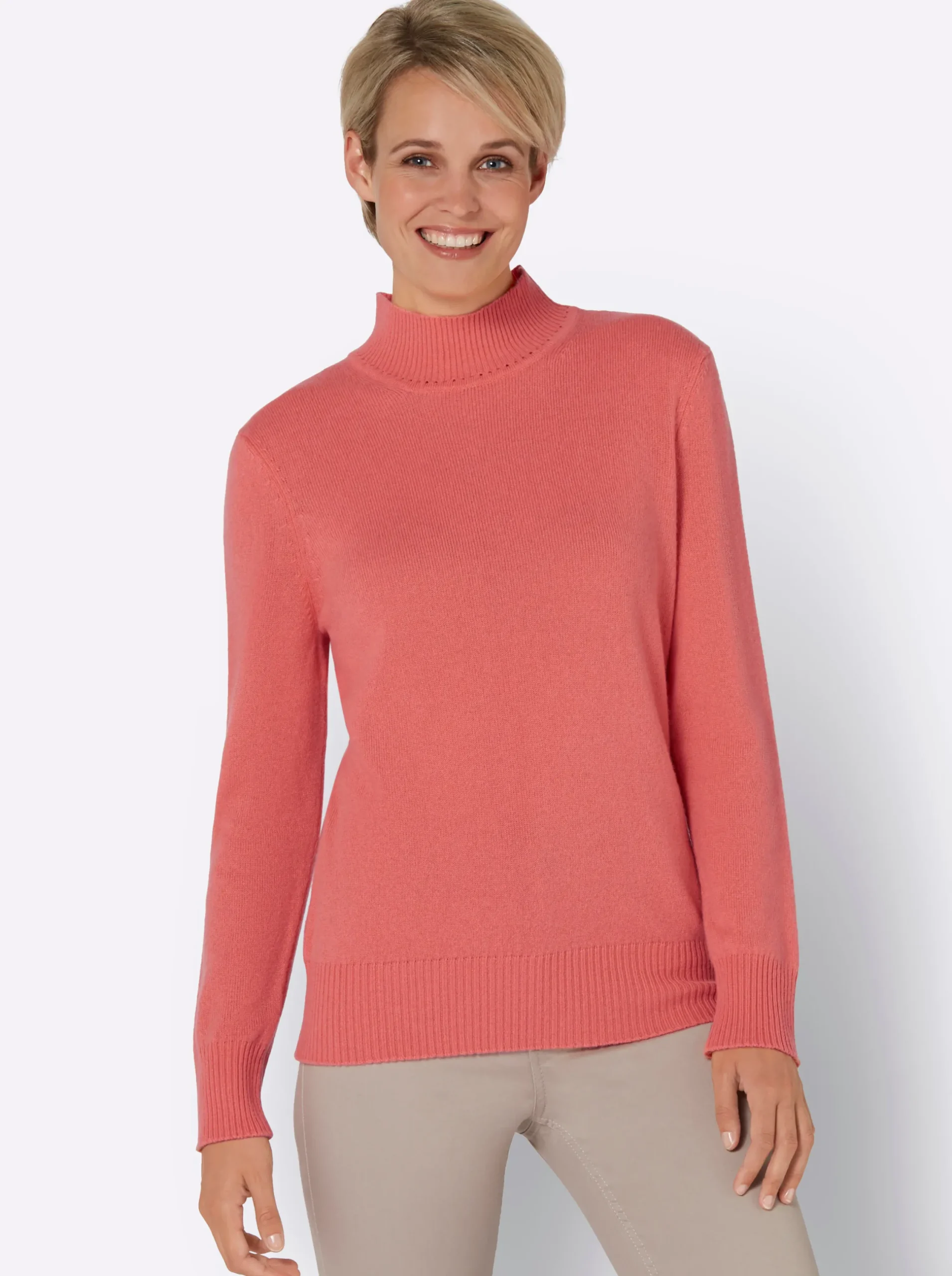 Basics| Stehkragenpullover aus reinem Kaschmir koralle-meliert