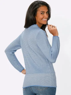 Pullover| Stehkragenpullover im Linksstrick-Dessin mittelblau-ecru-geringelt