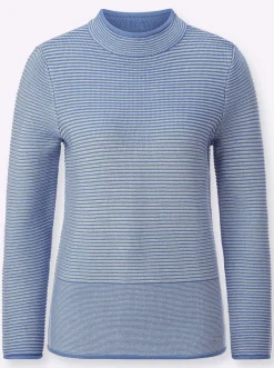 Pullover| Stehkragenpullover im Linksstrick-Dessin mittelblau-ecru-geringelt