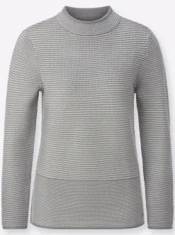 Pullover| Stehkragenpullover im Linksstrick-Dessin grau-ecru-geringelt