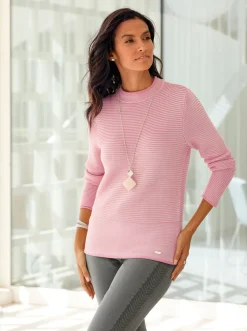 Pullover| Stehkragenpullover im Linksstrick-Dessin altrosa-ecru-geringelt