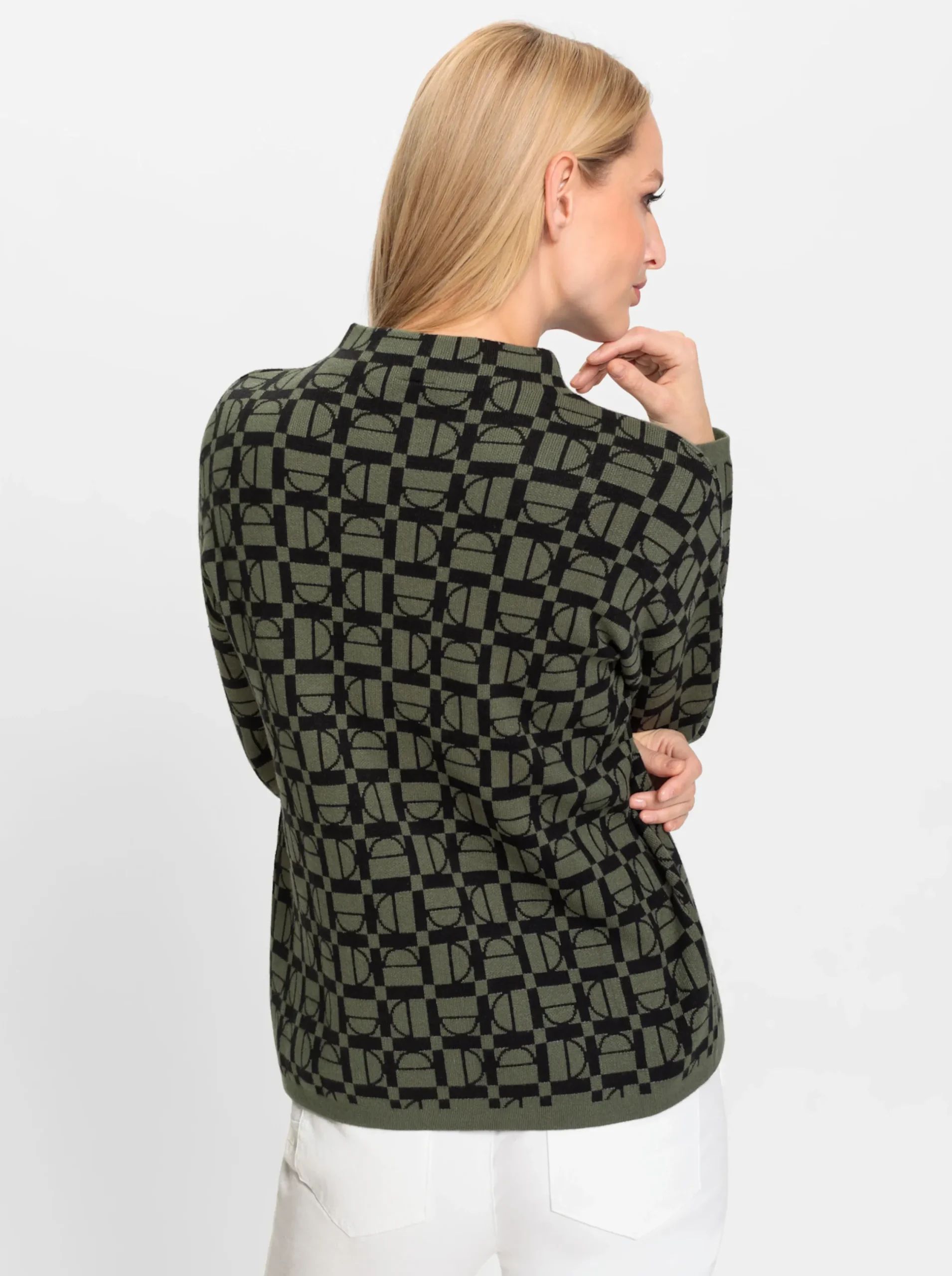 Pullover|heine Stehkragenpullover in grafischem Jacquard-Muster khaki-schwarz-gemustert