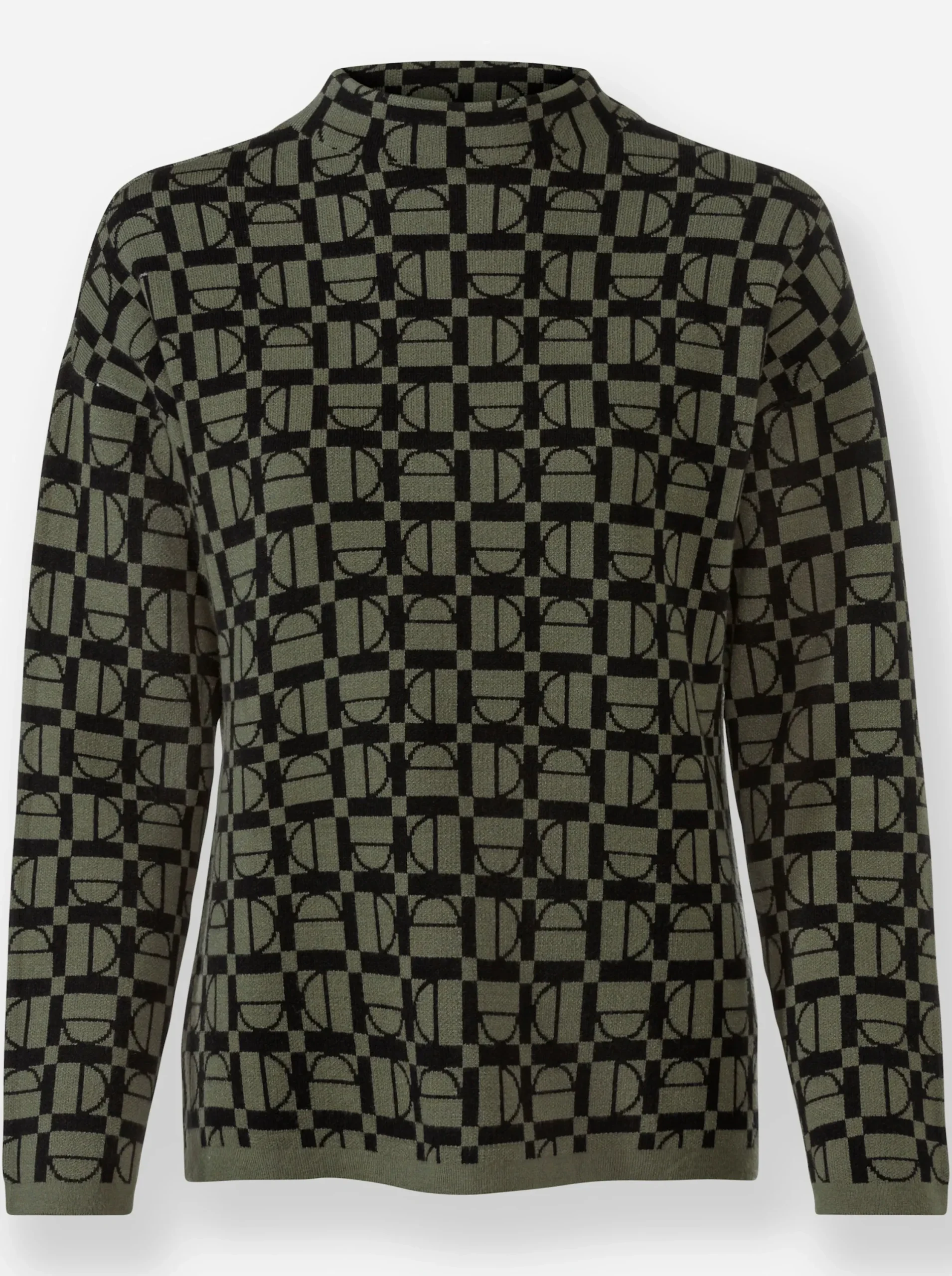 Pullover|heine Stehkragenpullover in grafischem Jacquard-Muster khaki-schwarz-gemustert
