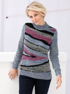 Pullover| Stehkragenpullover mit Intarsien-Strickmuster jeansblau-meliert