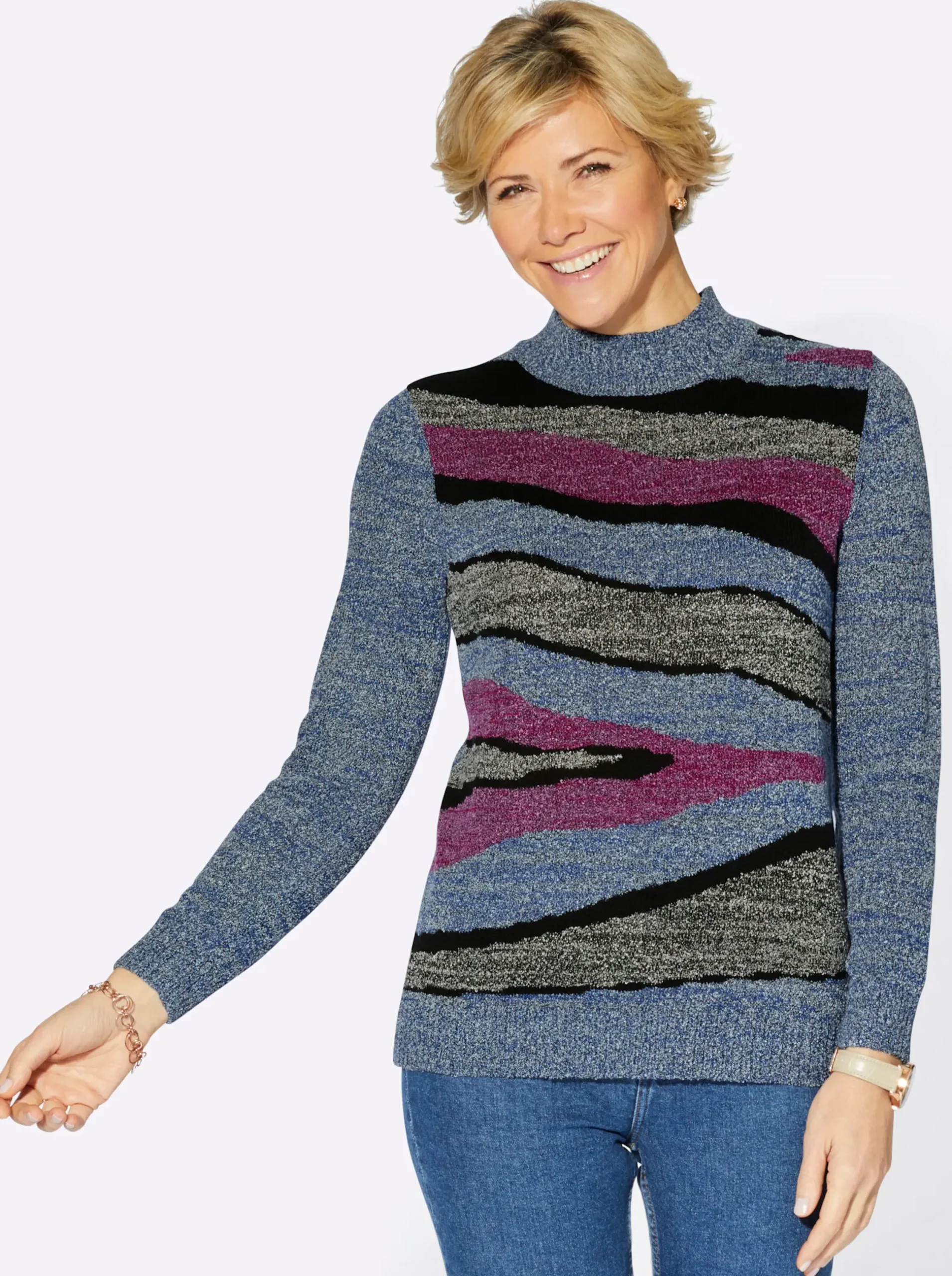 Pullover| Stehkragenpullover mit Intarsien-Strickmuster jeansblau-meliert
