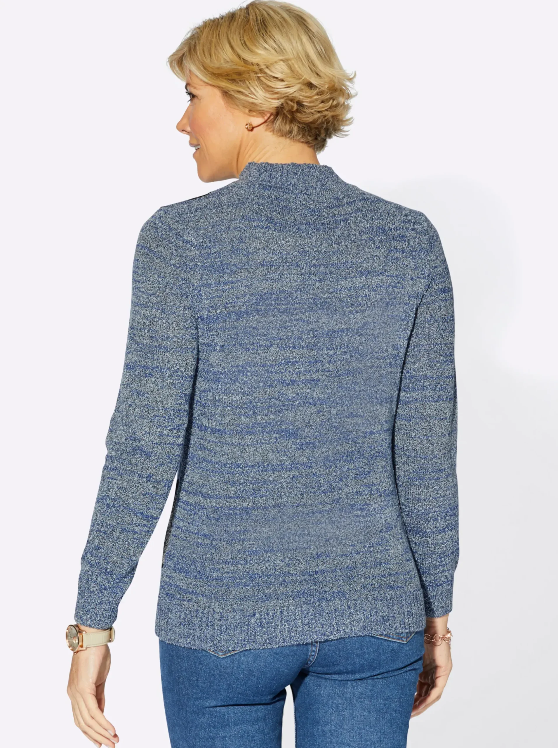 Pullover| Stehkragenpullover mit Intarsien-Strickmuster jeansblau-meliert