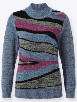 Pullover| Stehkragenpullover mit Intarsien-Strickmuster jeansblau-meliert