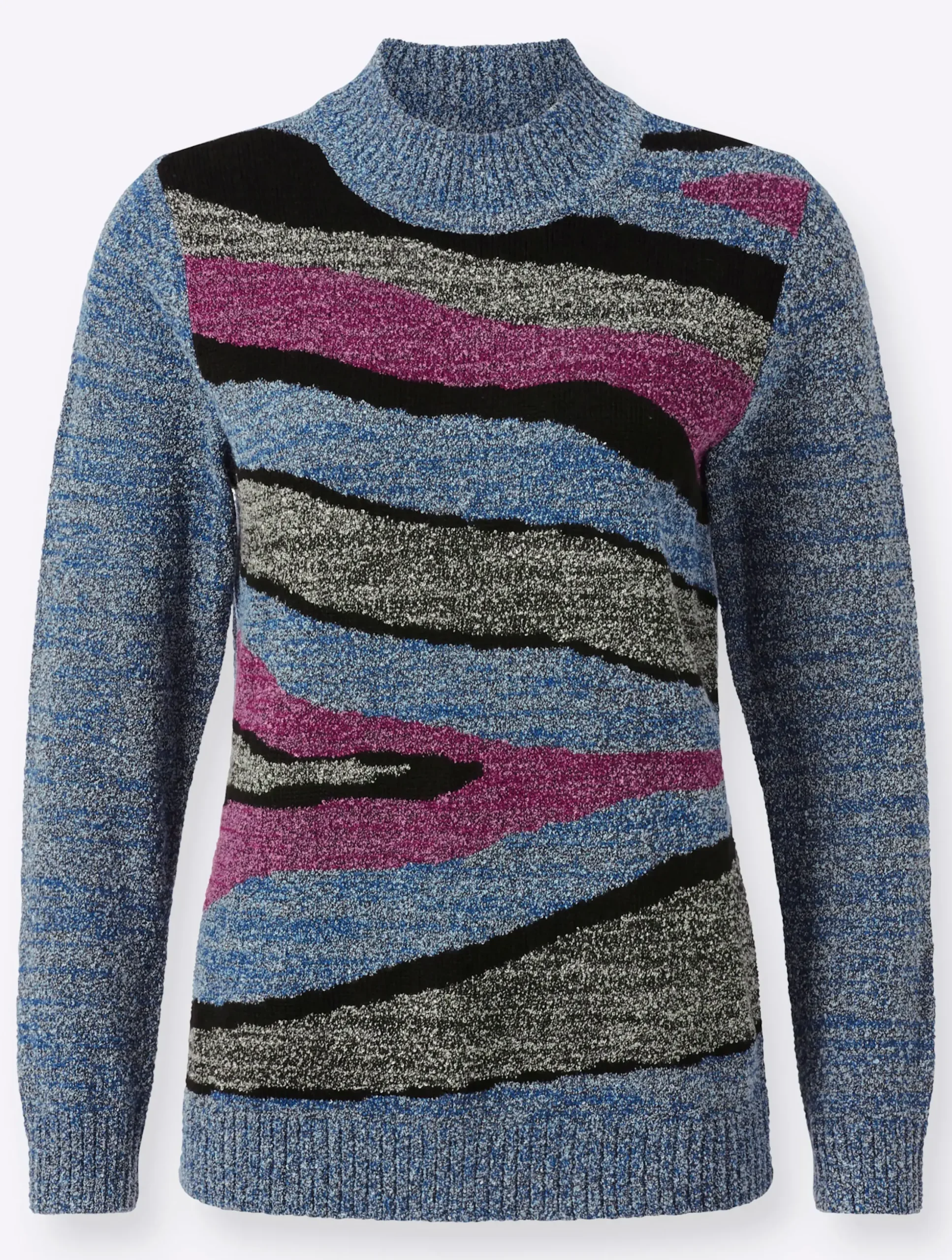 Pullover| Stehkragenpullover mit Intarsien-Strickmuster jeansblau-meliert