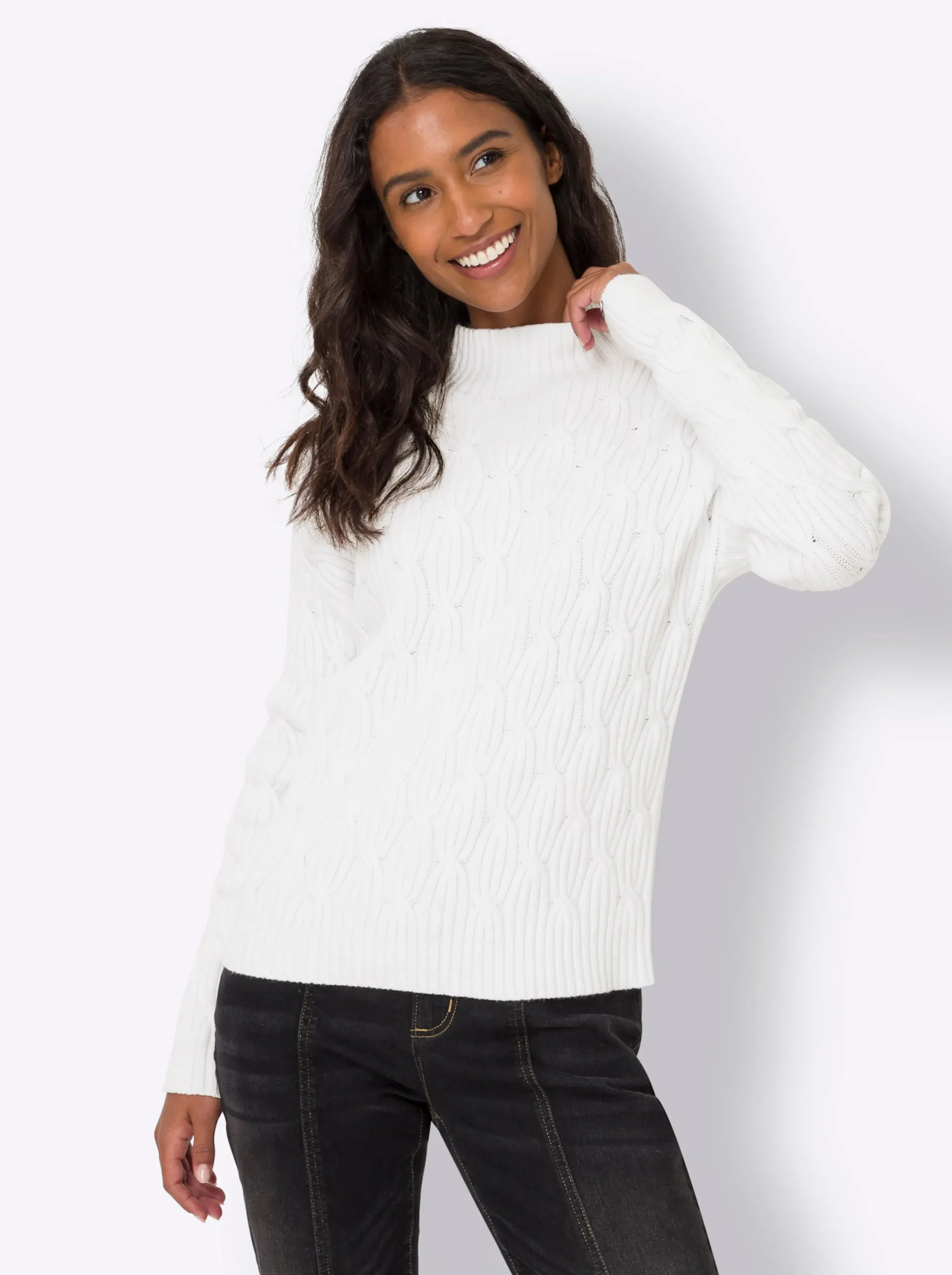 Pullover|heine Stehkragenpullover mit Zopfmuster, ECOVERO-Qualität ecru