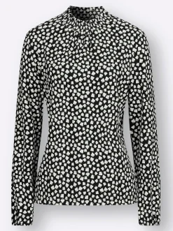 Shirts| Stehkragenshirt mit gesmoktem Kragen ecru-schwarz-bedruckt