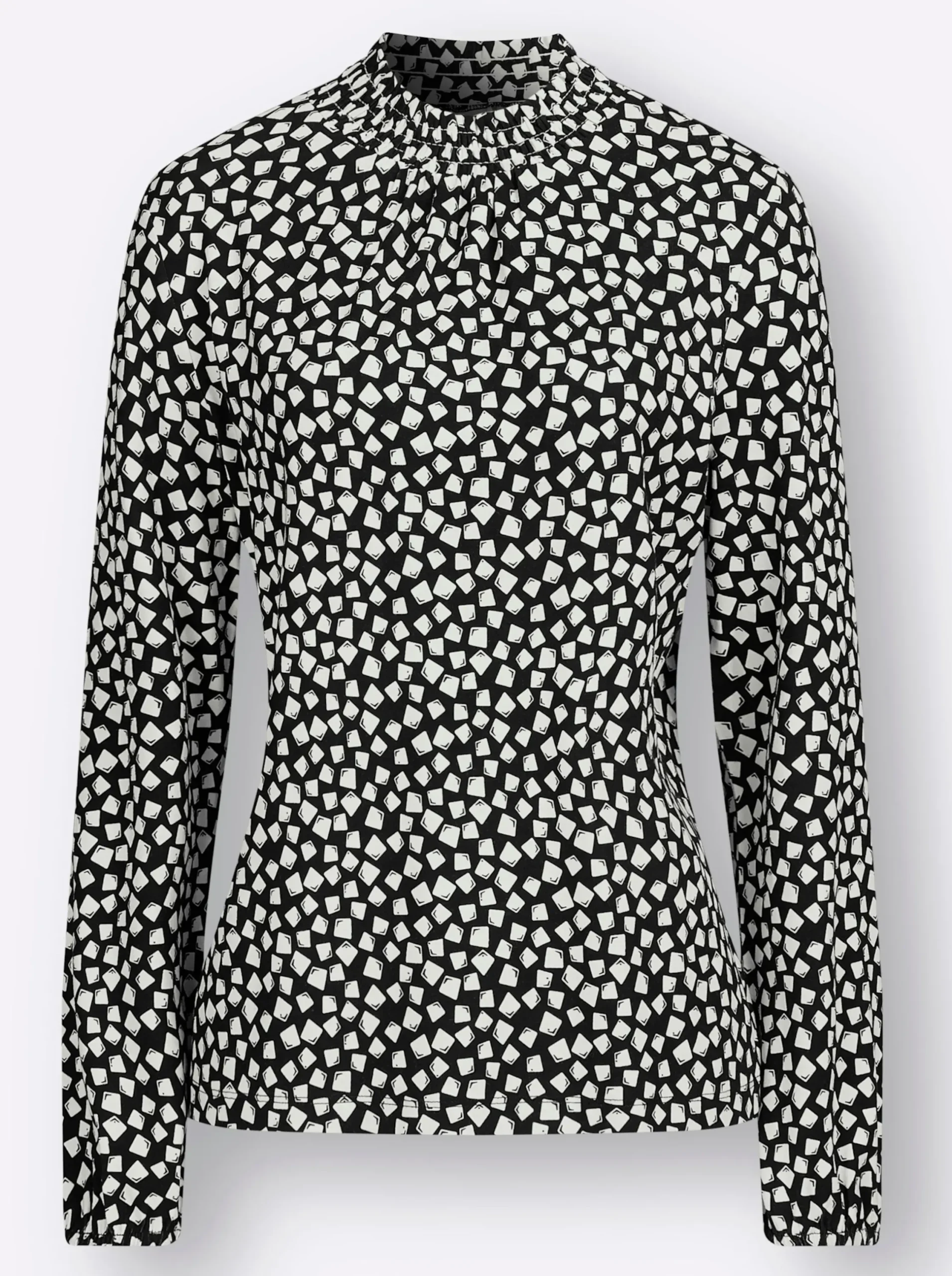 Shirts| Stehkragenshirt mit gesmoktem Kragen ecru-schwarz-bedruckt