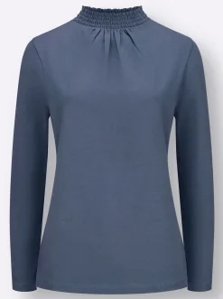 Shirts| Stehkragenshirt mit Raffungen im Vorderteil rauchblau