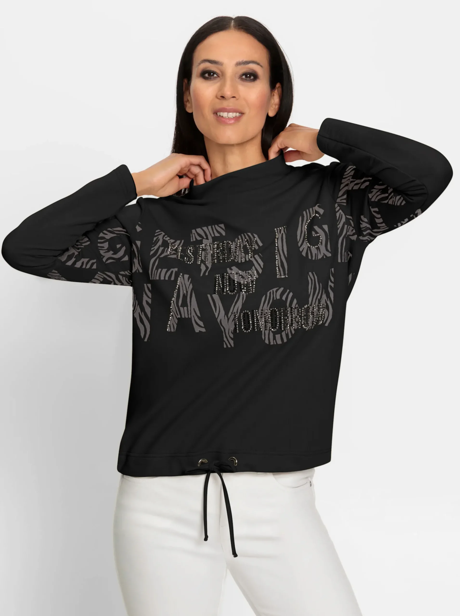 Shirts|heine Stehkragenshirt mit Schrift- und Animalprint schwarz