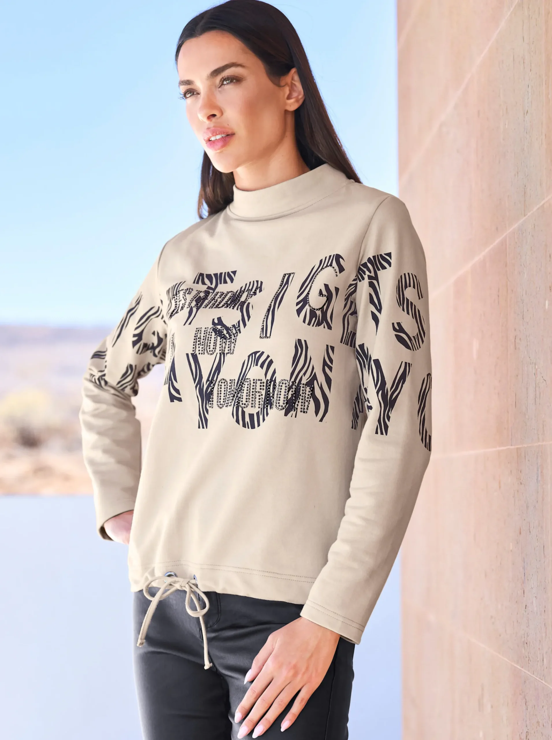 Shirts|heine Stehkragenshirt mit Schrift- und Animalprint sand