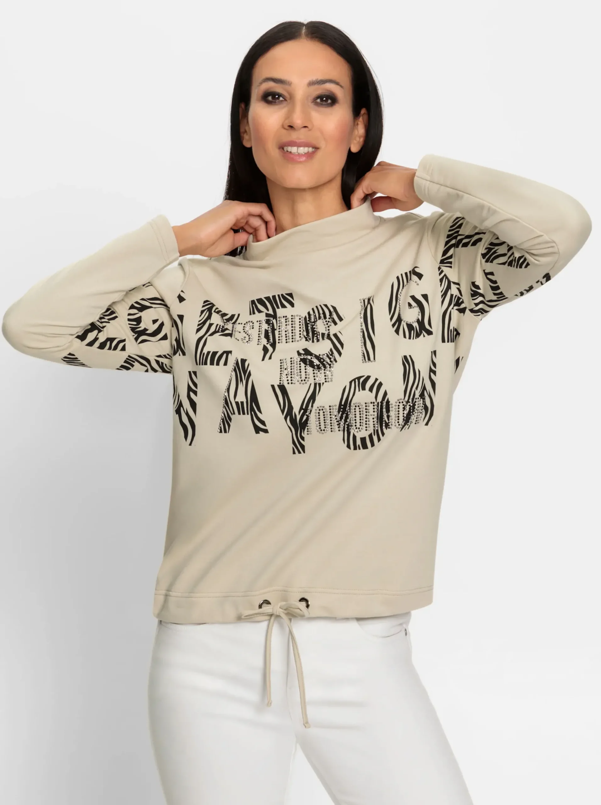 Shirts|heine Stehkragenshirt mit Schrift- und Animalprint sand